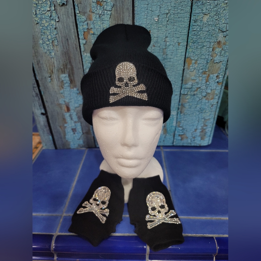 Skull Fingerless Gloves and Hat set Rhinestones
